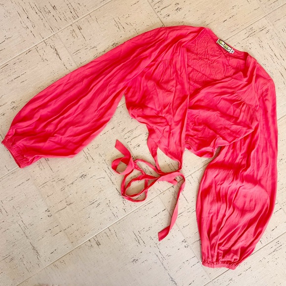 Loco Lindo Retro Coral Pink Vintage Style Babaloo Wrap Top XL Balloon Sleeves - Picture 7 of 9